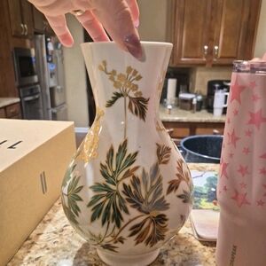 Elegant White Ceramic Floral Vase with Green and Gold Leaf Pattern